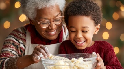 A grandmother and her grandson share laughter while baking cookies together in their warm kitchen, surrounded by festive decorations. Flour dust fills the air, creating a joyful scene
