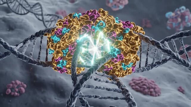 Transcription factors binding to promoter regions, their protein structures glowing as they assemble into a regulatory complex. The DNA bends slightly to accommodate them