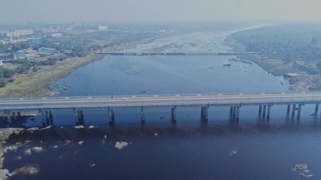 Diu, Gujarat, INDIA- 29th January 2025. Aerial view showing  Dr Shamji Bridge which is the lifeline of the island of Diu. This bridge connects state of Gujarat to Union Territory of Diu Daman.