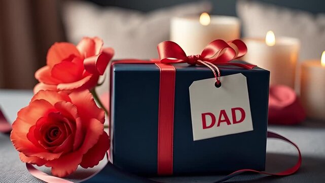 Blue gift box with tag for Dad and red roses on a table  