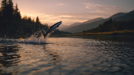 A fish leaps from a river with water spray, silhouetted against a setting sun over mountains and trees