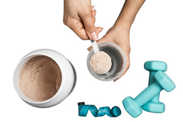 Top view of female hand putting scoop of chocolate whey protein powder into shaker, isolated on transparent background with protein jar, dumbbells and measuring tape, concept of sport nutrition