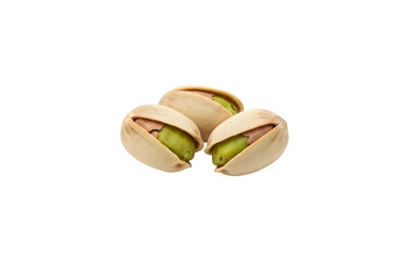 Three pistachio nuts in a close-up shot, isolated on a white background

