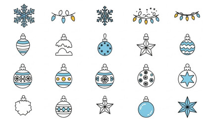 Collection of blue and white christmas ornaments, snowflakes, and string lights on white background, festive holiday decorations