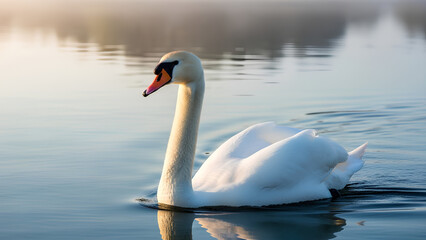 Fototapeta premium Graceful white swan swimming serenely on a calm misty lake at sunrise