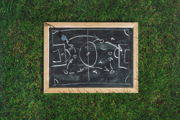 Tactic soccer plan and referee whistle. Hand drawn strategy scheme sketch, isolated on on the black chalkboard.