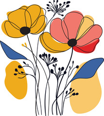 Vibrant modern floral line art featuring yellow and red wildflowers with abstract shapes. This minimalist botanical sketch creates a stylish, artistic look for boho decor and nature designs