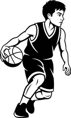 Fototapeta premium Kid boy basketball player dribbling ball. Action sport and competitive game concept. Vector illustration for emblem, logo, apparel print, banner