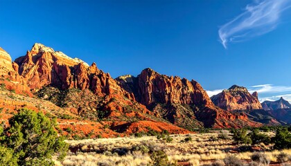 Striking red rock mountains meet a vibrant blue sky, creating a bold, natural scene with dry grasses