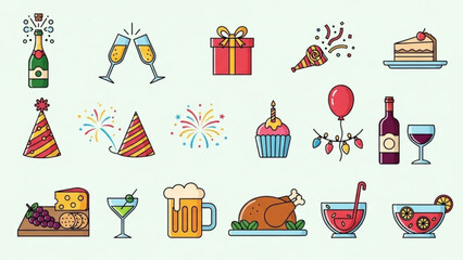 Colorful celebration icons including champagne, party hats, gifts, cake, and food on a white background for festive occasions and events