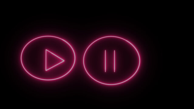 Purple  Play and Paus Icons design. Neon glowing sign play button animation purple color on black background music play button icon animation.