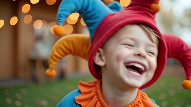 Young boy laughing while wearing a colorful jester hat outdoors