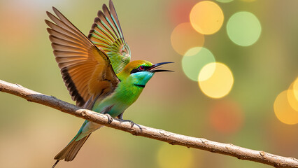 Obraz premium A vibrant green bird with spread wings captured on a branch against bokeh