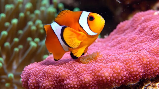 Vibrant clownfish swimming near coral reef in clear ocean water