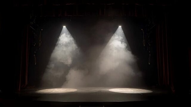 Empty Theater Stage Illuminated by Two Spotlight Beams Through Dramatic Fog and Dark Curtains