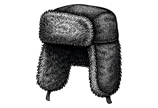 A detailed, black and white, vintage illustration of a fur-lined ushanka hat, perfect for conveying themes of winter, warmth, or historical fashion.