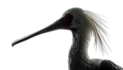 Striking white bird with long, flat beak and feathery crest set against a bright, diffused background