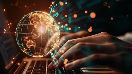 Hands Typing on Laptop with Holographic Globe Representing Global Digital Network. - Powered by Adobe