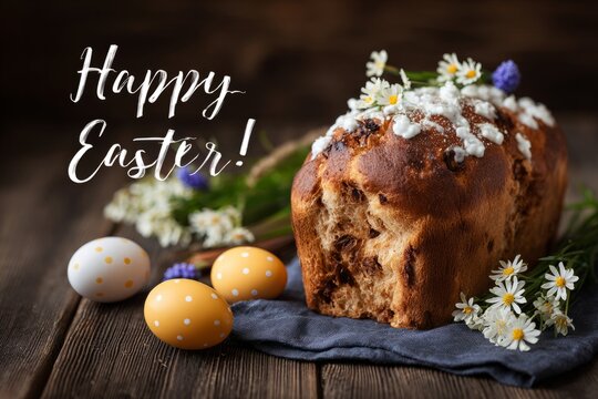 Happy easter text with traditional sweet bread and eggs