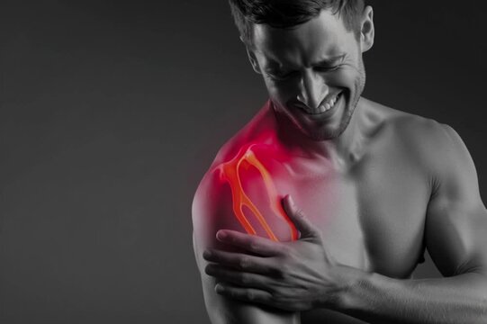 a man winces in pain and holds his sore shoulder