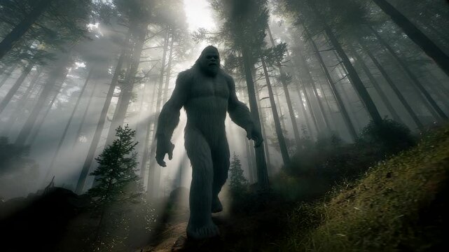 Mysterious Large Hairy Creature Walking Through Misty Foggy Forest with Tall Trees and Sun Rays
