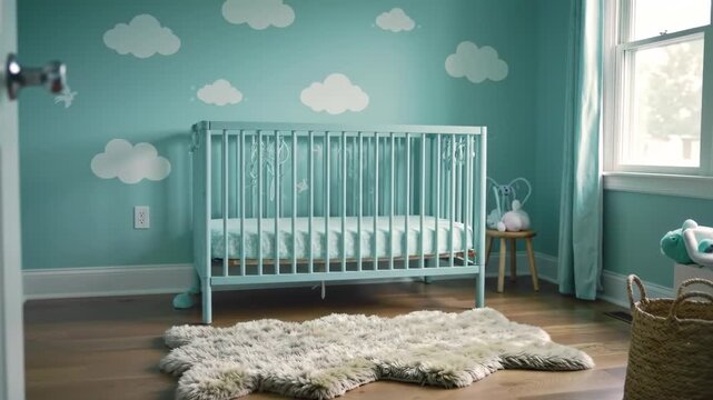 Nursery room with crib, rug and cloud decals on the wall