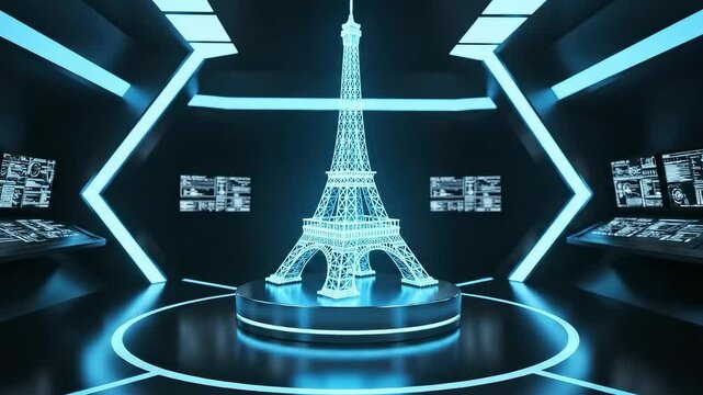 Futuristic Blue Holographic Eiffel Tower Projection in Sci Fi Lab, Zoom Out