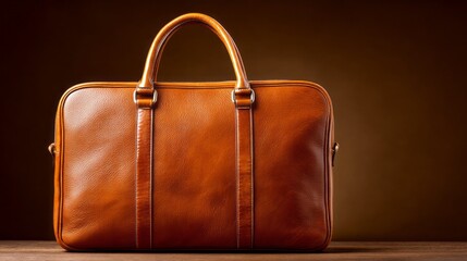 A rich brown leather bag sits elegantly on a wooden table, bathed in soft, warm light. Its smooth surface and sturdy handles create a sophisticated charm for everyday use
