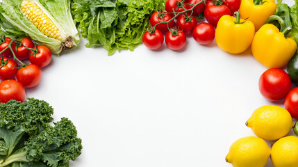 Assorted fresh vegetables lettuce kale corn cucumber tomato lemon yellow bell pepper arranged on white background