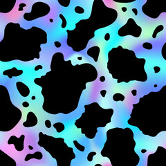 Abstract cow rainbow seamless pattern. Vector animal skin print, cute black dalmatian spots on blue holographic background. Natural stylized spotted foil texture for textile, decor, wrapping, cover.