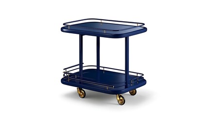 Two-tiered navy serving cart with gold accents, four wheels, and rounded edges, on a white background
