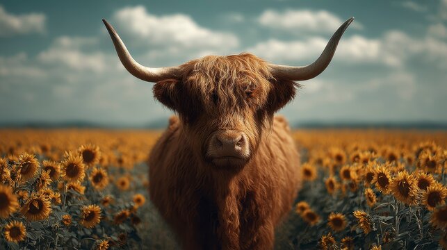 A fluffy highland cow stands majestically amid a field of sunflowers under a bright blue sky, the scene evoking a rustic charm