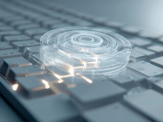 Futuristic concept of cybersecurity with transparent digital padlock hovering over illuminated computer keyboard keys in soft blue tones