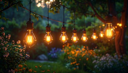 String of glowing lights hanging among lush flowers and greenery creates a warm, inviting, and festive atmosphere