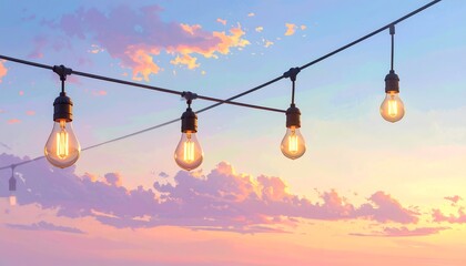 String of lights hanging with a beautiful, colorful sunset sky. Soft pastel colors and a dreamy, calming feel