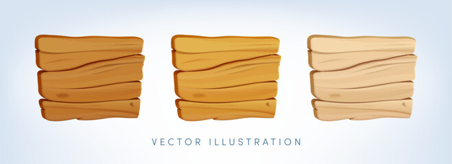 Vector cartoon 3d empty wooden road information sign set. Dark and light brown wood rectangle plaque. Realistic 3d wood texture signboard collection for game message sign, timber banner, menu, app.