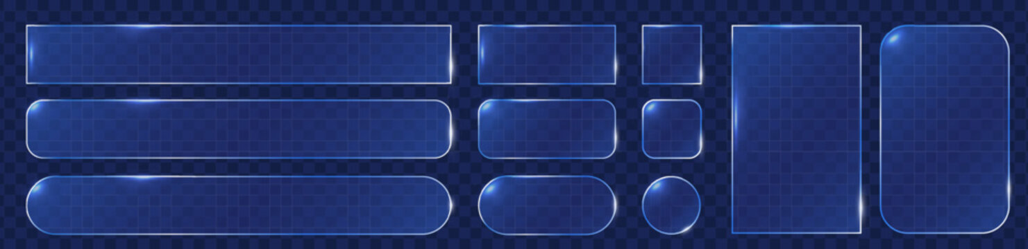 Set of glossy glass UI shapes. Trendy glass morphism elements suitable for web buttons, mobile app icons, interface components, and modern digital layouts