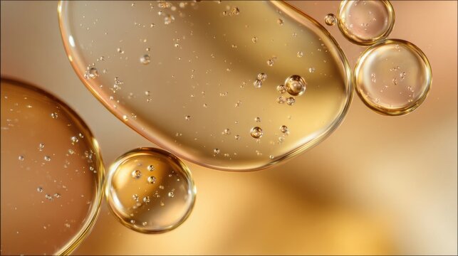 Abstract glycolic acid serum bubbles in golden liquid cosmetic texture background