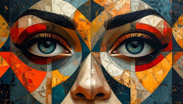 Striking close-up of a face with geometric, mosaic-like skin and piercing teal eyes dominating the colorful artwork