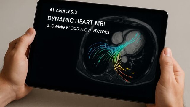 ai radiology analysis concept. AI-generated heart MRI with glowing blood flow vectors on a tablet.