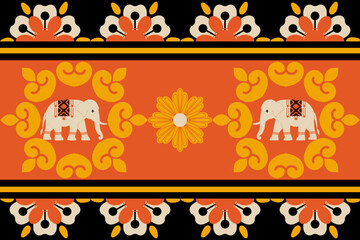 Fototapeta premium Decorative ethnic vector pattern featuring stylized white elephants, floral ornaments, and bold geometric borders in orange, black, and yellow, ideal for textiles, wallpapers, and cultural designs.