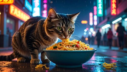 Striped cat passionately slurping spaghetti from a blue bowl on a wet, neon-lit city street