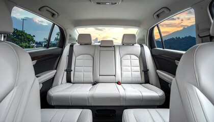 Car's interior with white leather back seats offering scenic views of trees and mountains through the windows
