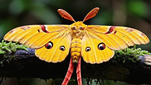 Vibrant orange insect, possibly a stick insect or praying mantis relative, perched majestically on a moss-covered branch in a lush, out-of-focus jungle or forest environment, ideal for nature document