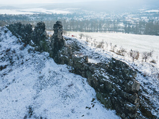 Aerial Winter View of the Teufelsmauer Rock Formation in the Harz Mountains