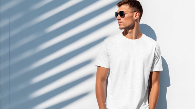 Stylish Man In White Shirt With Palm Tree Shadow Lines On Wall - Mockup