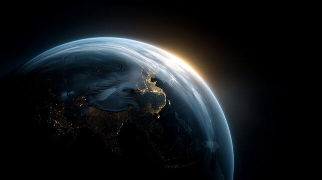 Planet Earth viewed from outer space at night, focusing on Asia-Pacific region with Japan, China and surrounding countries visible. The globe is covered with a complex luminous net - Powered by Adobe