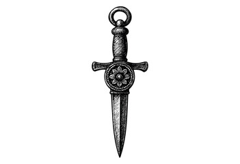 This is a detailed black and white illustration of an ornate dagger with a floral pattern on the guard, suitable for historical or fantasy themes.