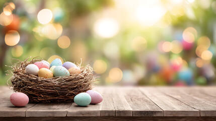 Pink and Blue Easter Eggs in Nest on Wooden Surface Bokeh