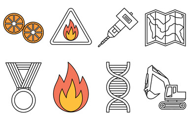 Various Icons for Warning, Science, and Industry on White Background